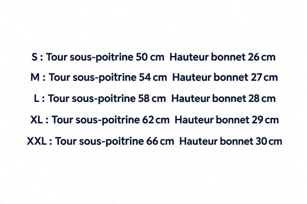 Guide des tailles brassière de sport : tour sous-poitrine et hauteur de bonnet du S au XXL